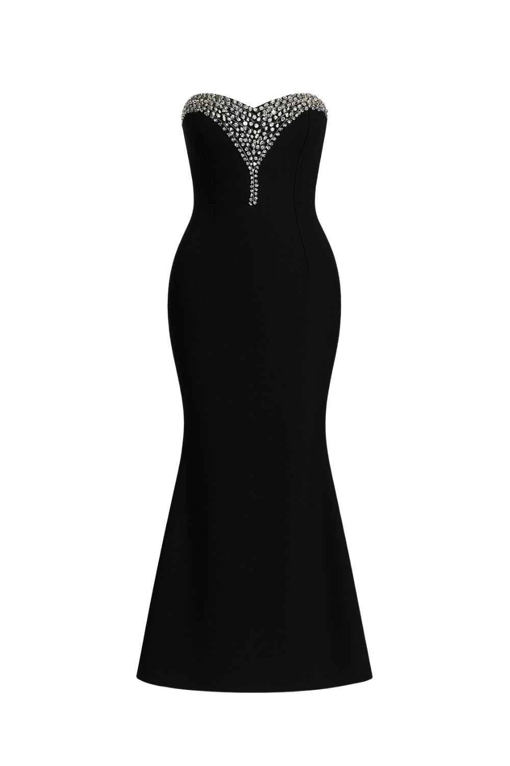 Vestido longo preto com pedrarias brilhantes e busto tomara que caia