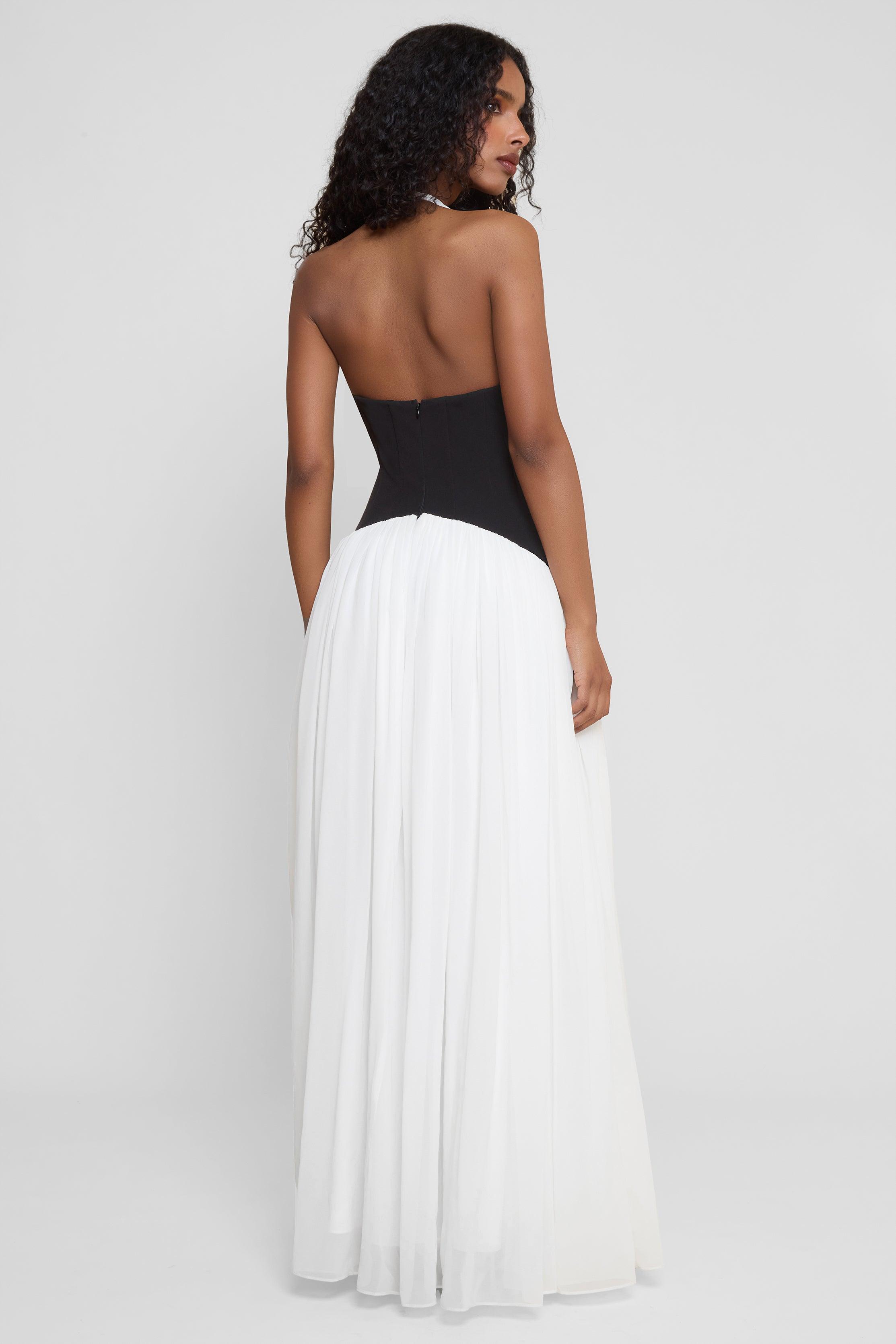 Vestido Longo Allegra em chiffon premium com corset estruturado em contraste e decote halterneck drapeado, ideal para eventos sofisticados. Majestique.3