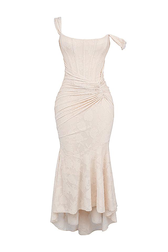 Vestido Longo Eveline em jersey burnout texturizado com corset estruturado e drapeado na cintura, ideal para eventos sofisticados. Majestique. bege3