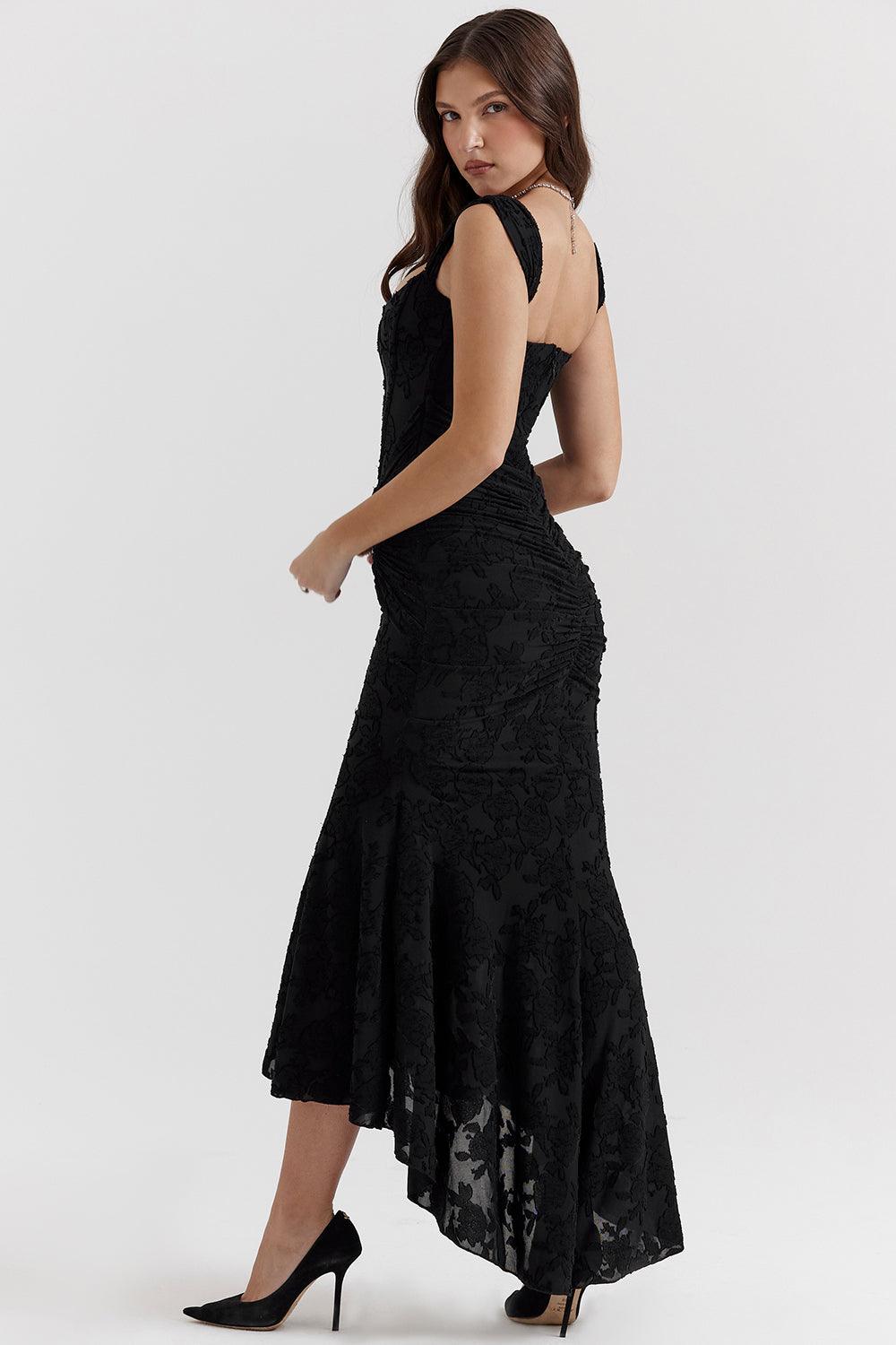 Vestido Longo Eveline em jersey burnout texturizado com corset estruturado e drapeado na cintura, ideal para eventos sofisticados. Majestique. preto1
