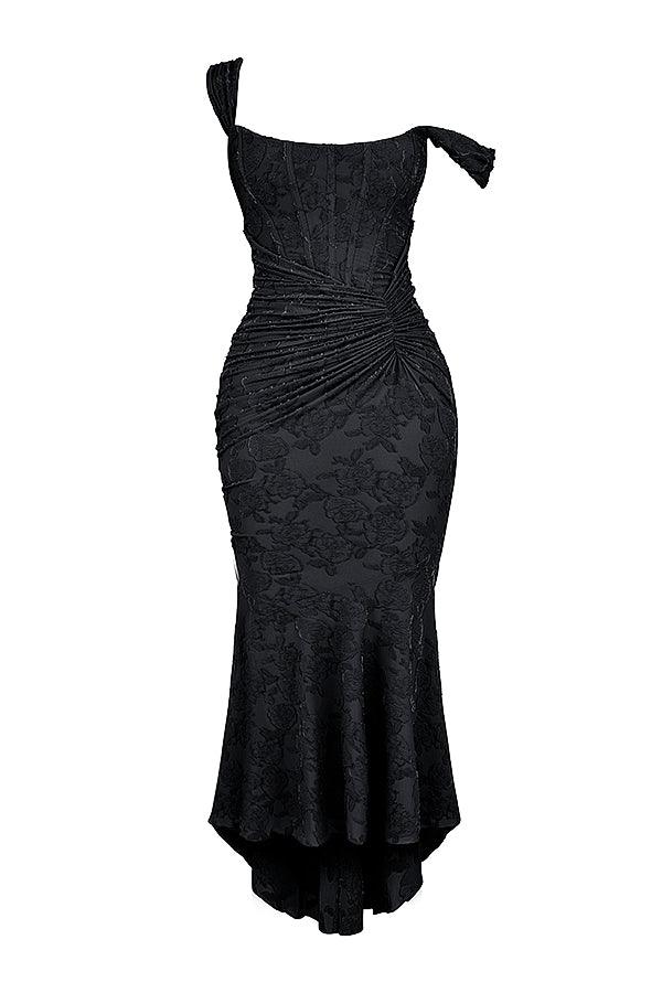 Vestido Longo Eveline em jersey burnout texturizado com corset estruturado e drapeado na cintura, ideal para eventos sofisticados. Majestique. preto2