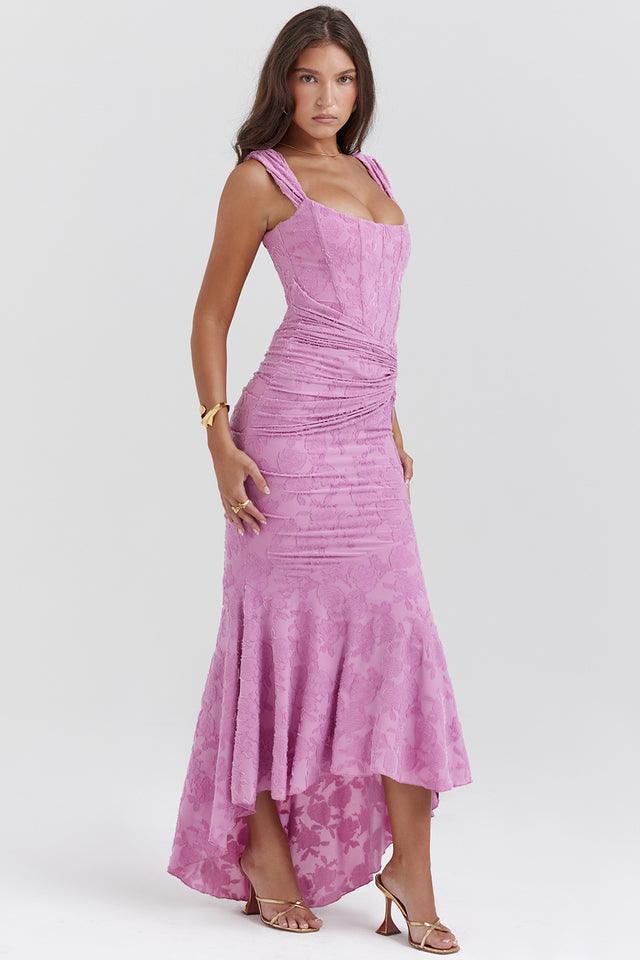 Vestido Longo Eveline em jersey burnout texturizado com corset estruturado e drapeado na cintura, ideal para eventos sofisticados. Majestique. rosa6