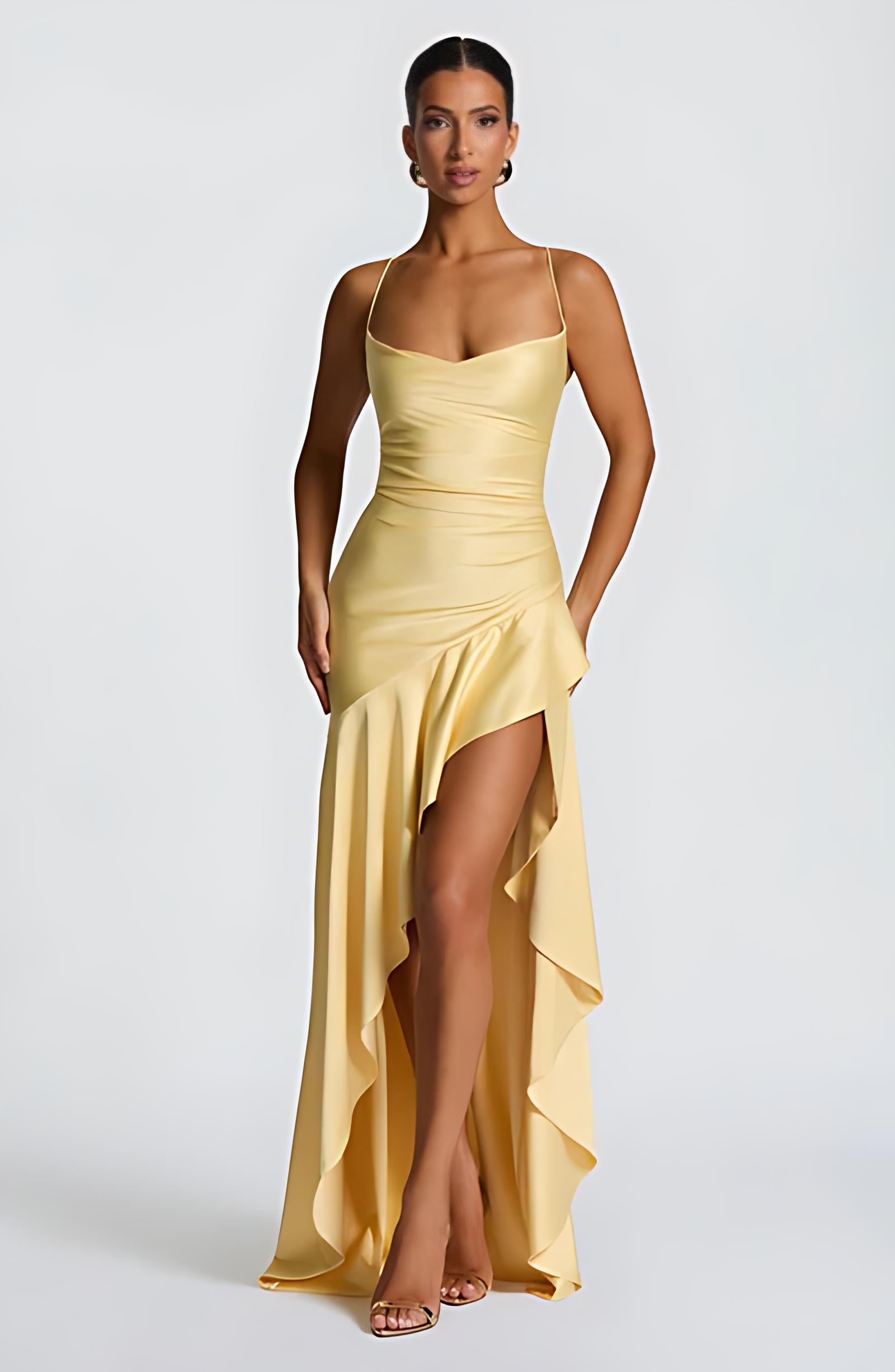 Vestido Longo Cetim Mullet Fenda Vivienne