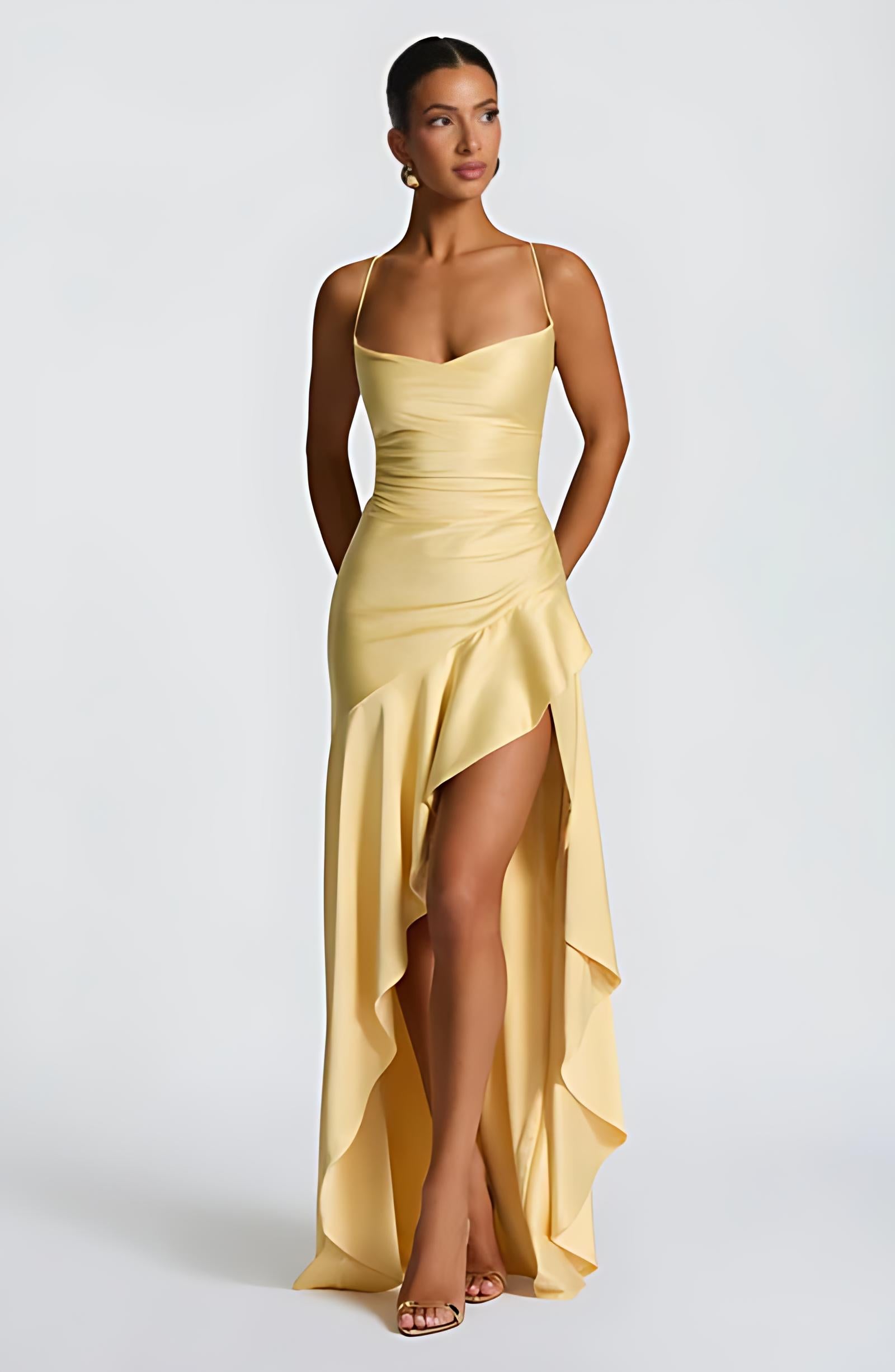 Vestido Longo Cetim Mullet Fenda Vivienne