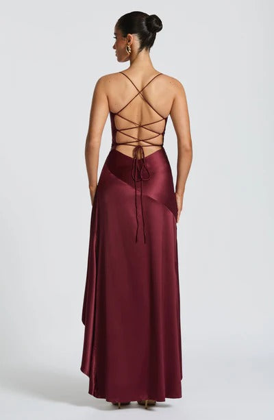 Vestido Longo Cetim Mullet Fenda Vivienne