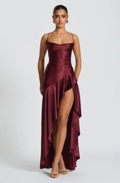 Vestido Longo Cetim Mullet Fenda Vivienne