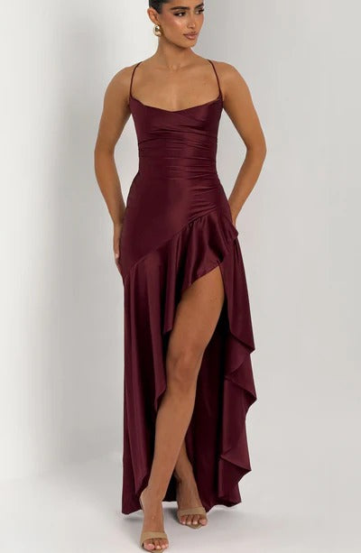 Vestido Longo Cetim Mullet Fenda Vivienne