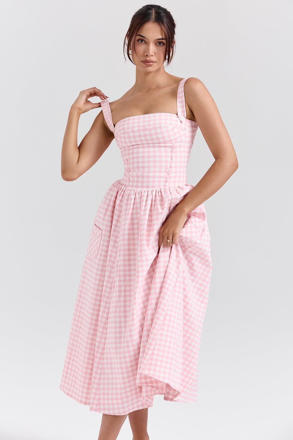 vestido midi xadrez rosa colette