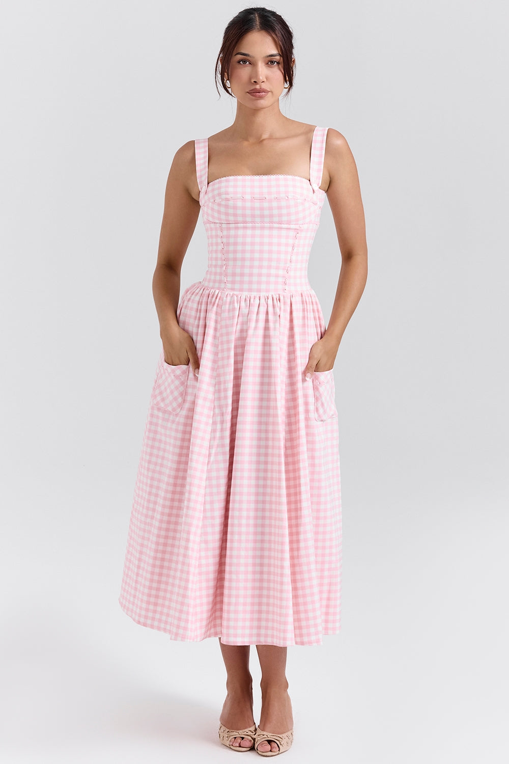vestido midi xadrez rosa colette