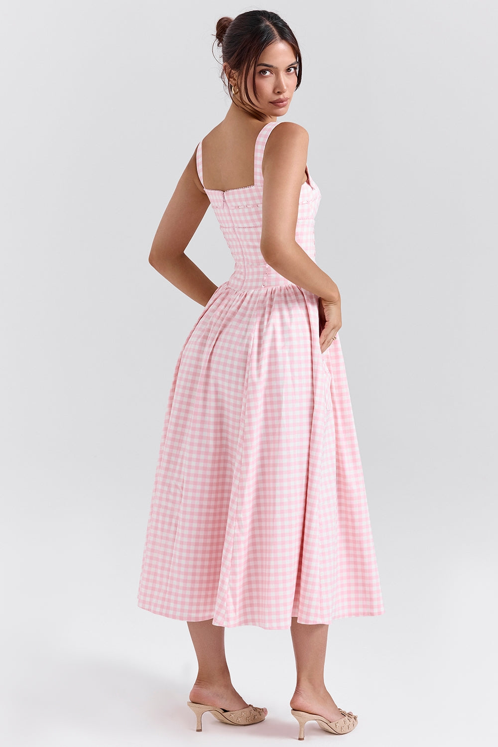 vestido midi xadrez rosa colette