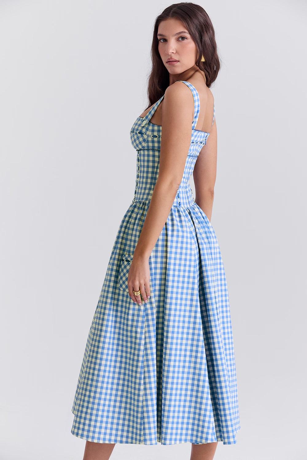 Vestido Midi Colette em xadrez gingham com corpete ajustado e detalhes de fita entrelaçada, ideal para eventos sofisticados. Majestique.8