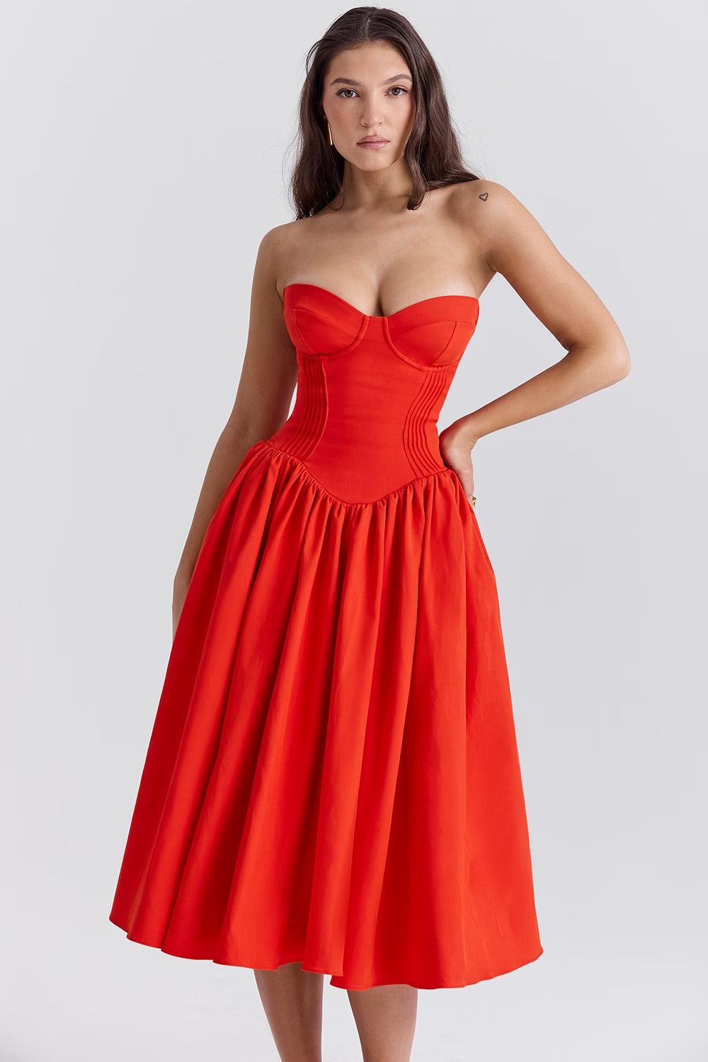 Vestido Midi Fiorella em vermelho com corpete estruturado e saia volumosa em tule, ideal para eventos sofisticados. Majestique.4