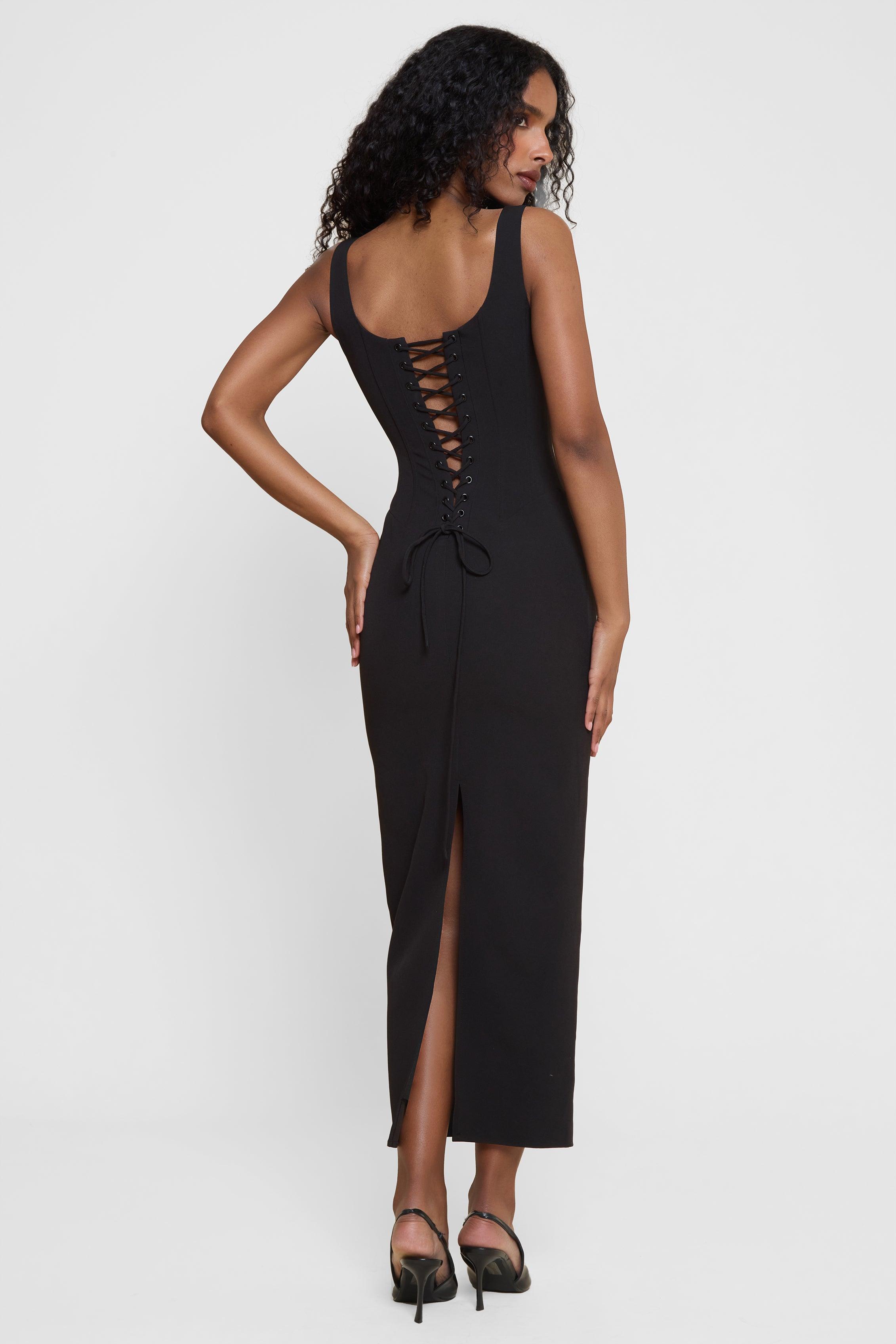 Vestido Midi Valencia em crepe premium com corset estruturado e modelagem ajustada, ideal para eventos sofisticados. Majestique.5