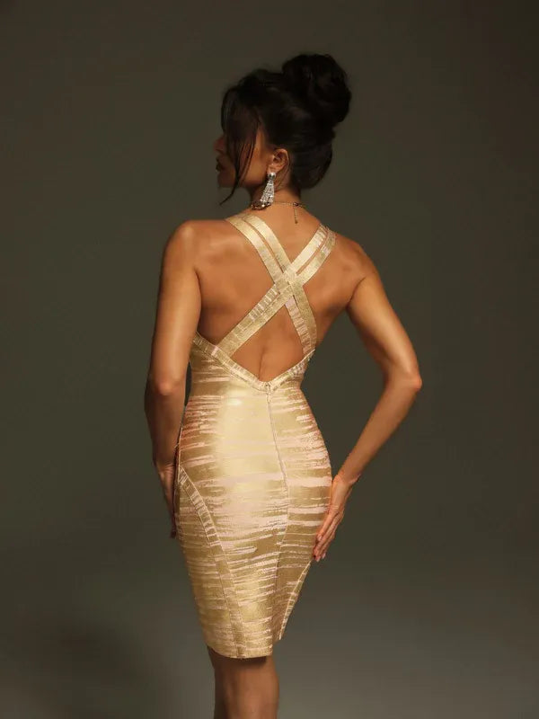 Vestido curto estampado com decote V em bandagem ajustada – modelo Eloryn
