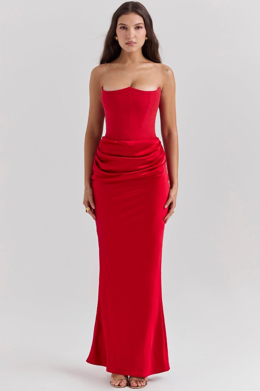 Vestido Longo Amélie disponível nas cores marrom, vermelho, rosa, preto e branco, com corset estruturado e saia de veludo fluída, ideal para eventos sofisticados. Majestique.10