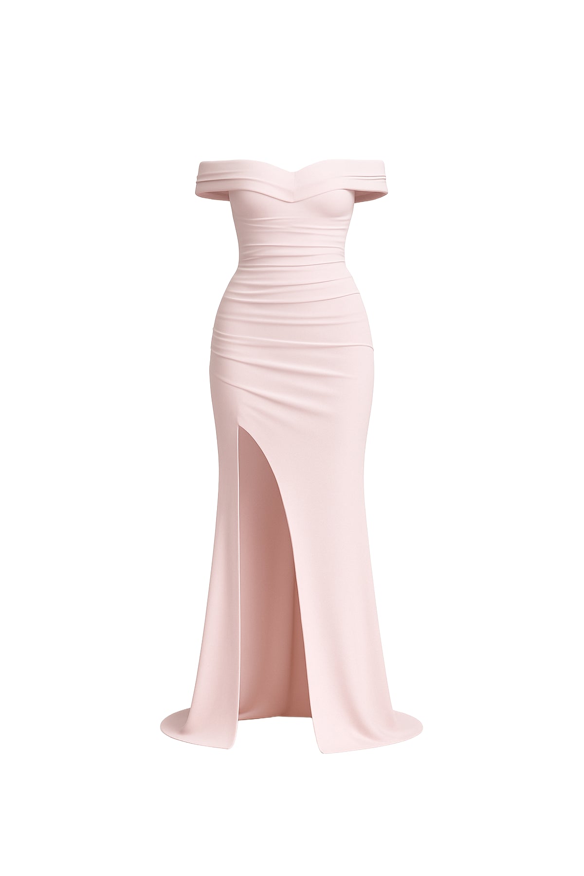 Vestido Longo Amara rosa com decote ombro a ombro plissado, fenda frontal e cintura marcada da Majestique