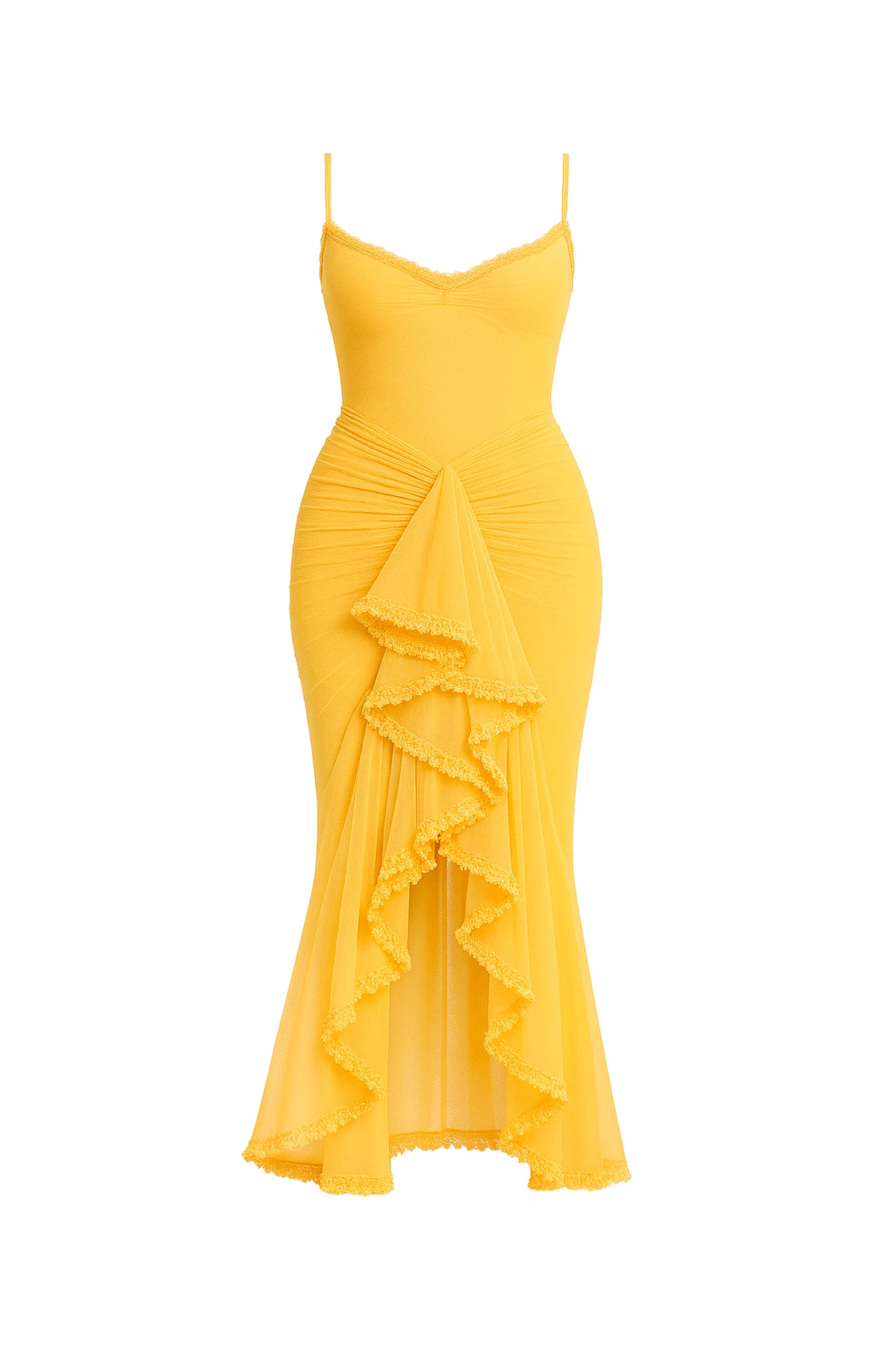 Vestido Longo Kylie amarelo com babado frontal, decote coração e cauda fluida da Majestique