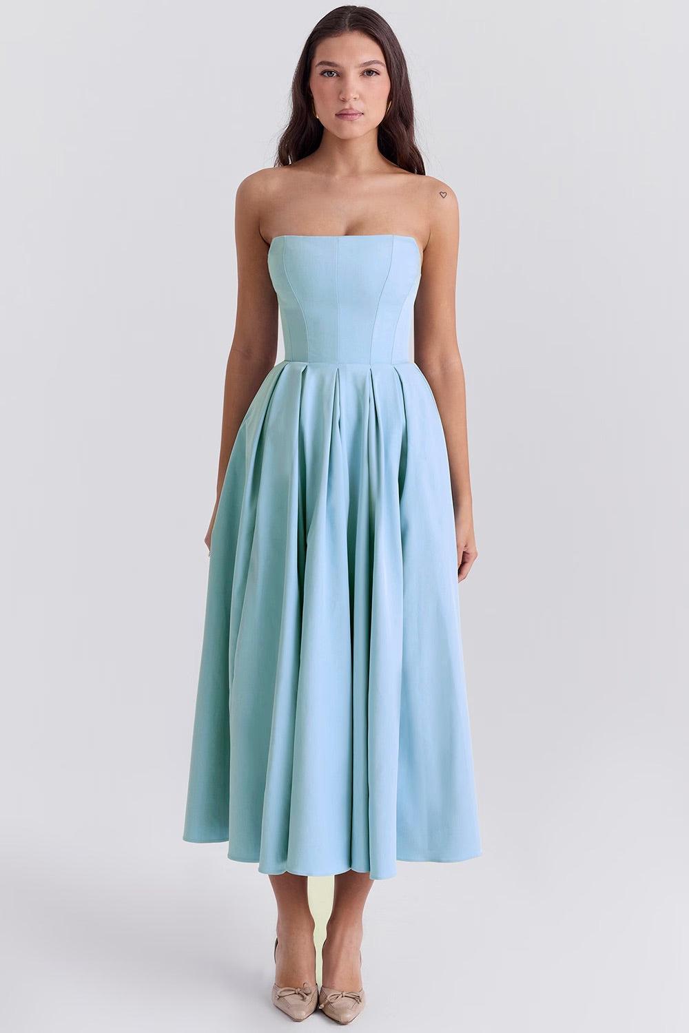 Vestido Midi Calista em azul toscano com corset estruturado e saia plissada volumosa, ideal para eventos sofisticados. Majestique.