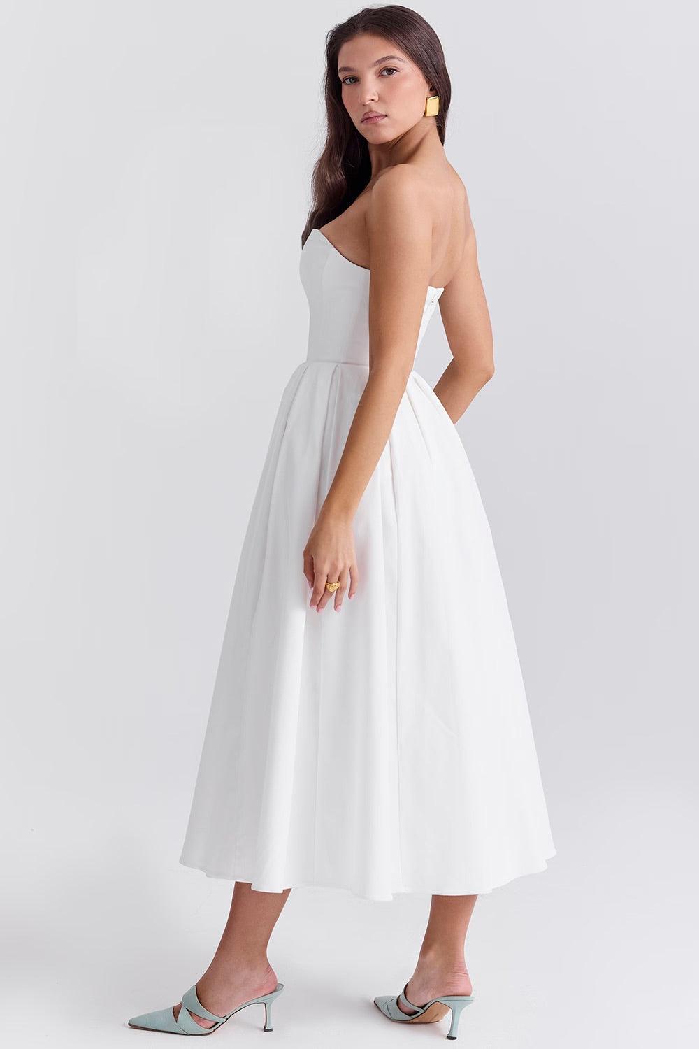 Vestido Midi Calista branco com corset estruturado e saia plissada volumosa, ideal para eventos sofisticados. Majestique.4
