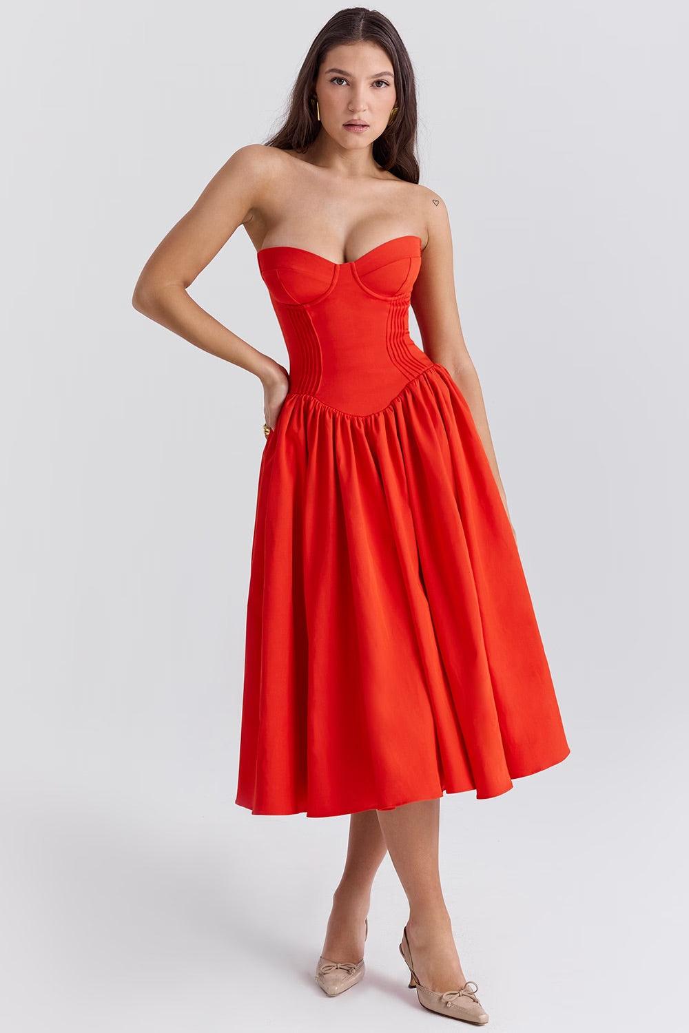 Vestido Midi Fiorella em vermelho com corpete estruturado e saia volumosa em tule, ideal para eventos sofisticados. Majestique.