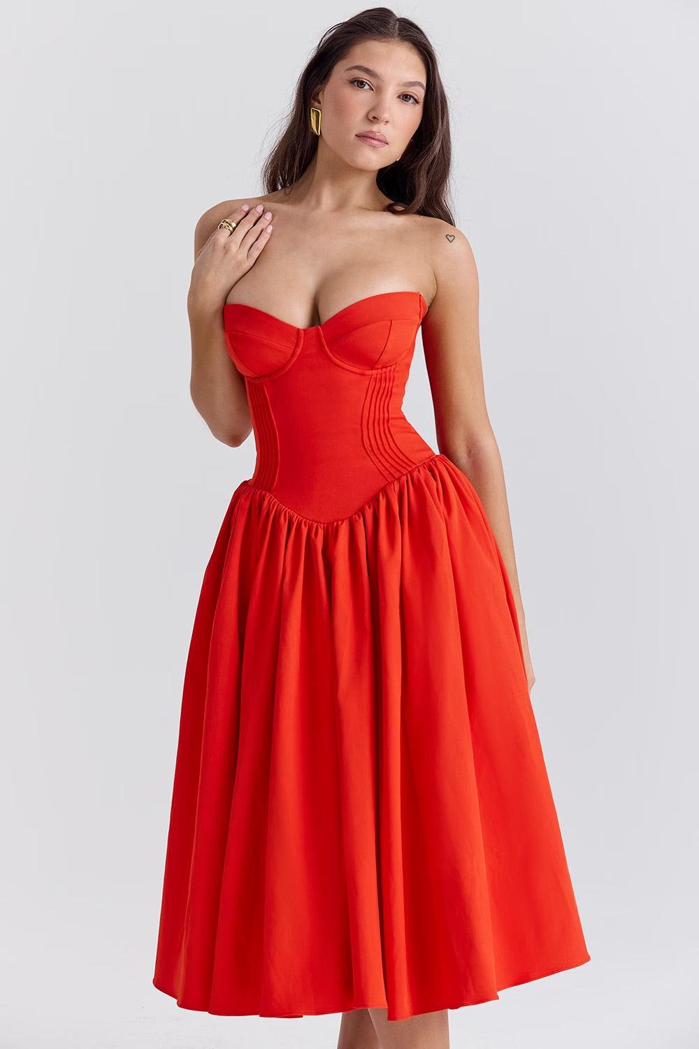 Vestido Midi Fiorella em vermelho com corpete estruturado e saia volumosa em tule, ideal para eventos sofisticados. Majestique.2