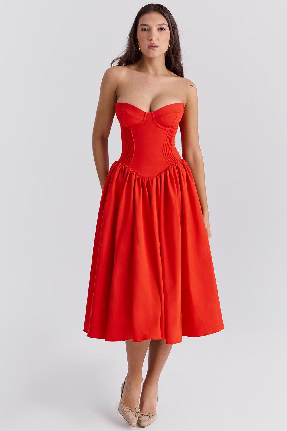 Vestido Midi Fiorella em vermelho com corpete estruturado e saia volumosa em tule, ideal para eventos sofisticados. Majestique.3