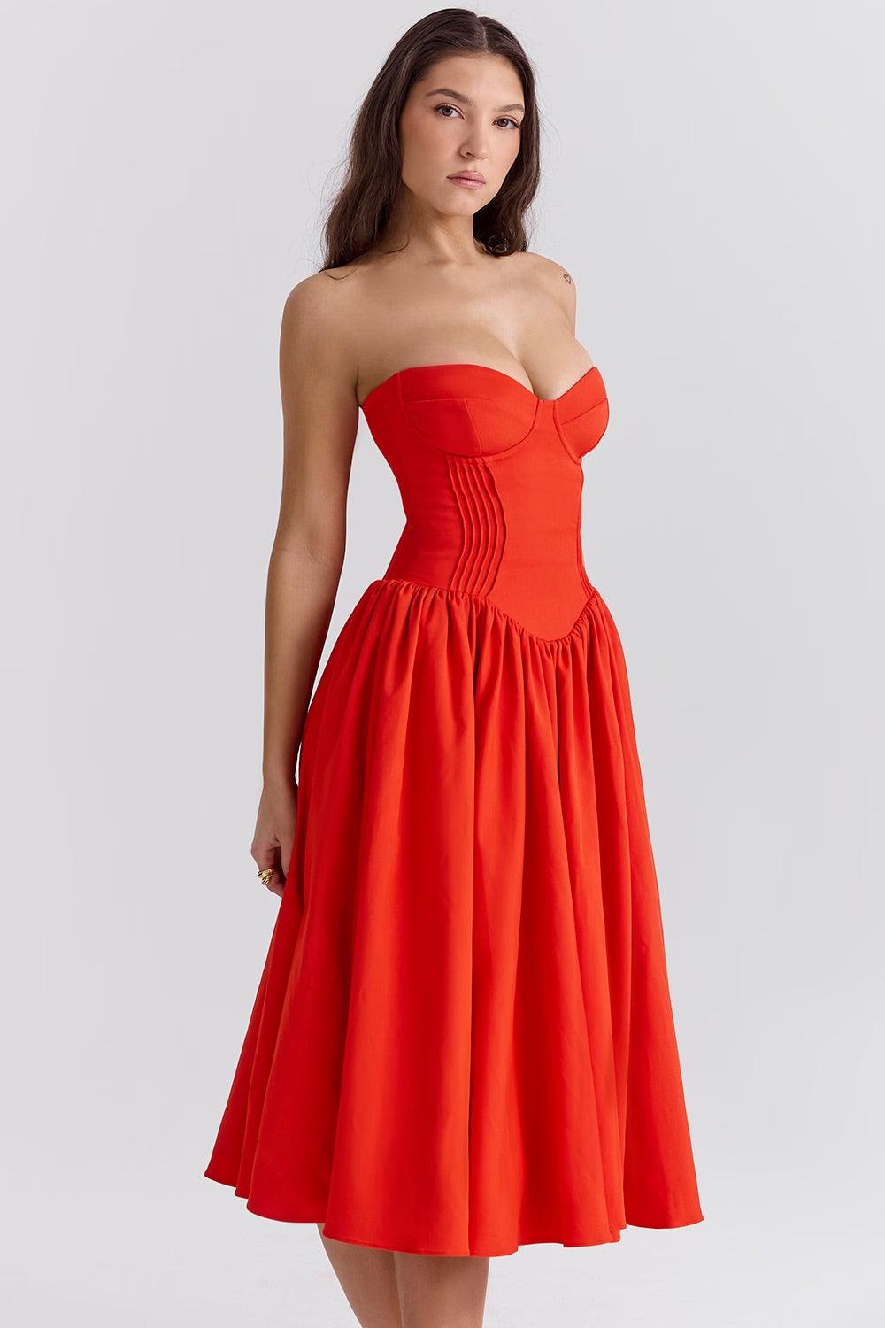 Vestido Midi Fiorella em vermelho com corpete estruturado e saia volumosa em tule, ideal para eventos sofisticados. Majestique.5