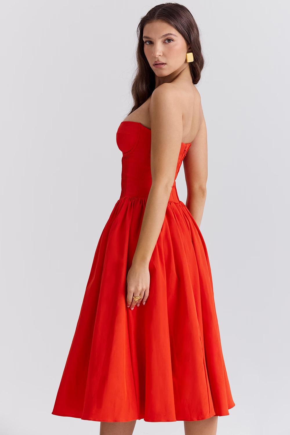 Vestido Midi Fiorella em vermelho com corpete estruturado e saia volumosa em tule, ideal para eventos sofisticados. Majestique.6