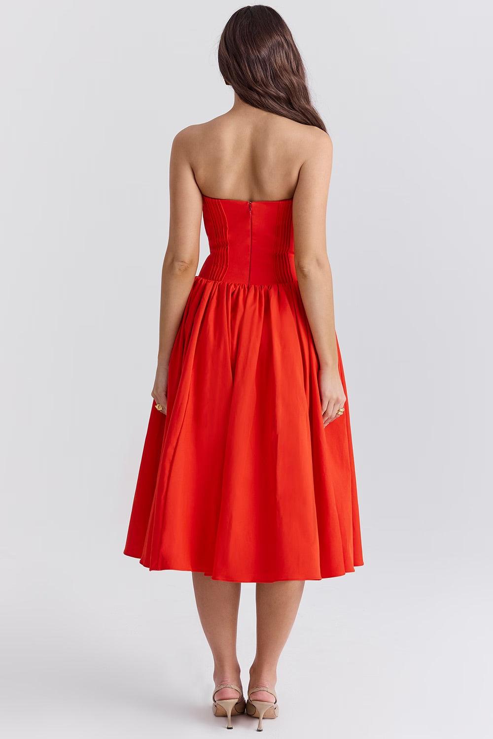 Vestido Midi Fiorella em vermelho com corpete estruturado e saia volumosa em tule, ideal para eventos sofisticados. Majestique.7