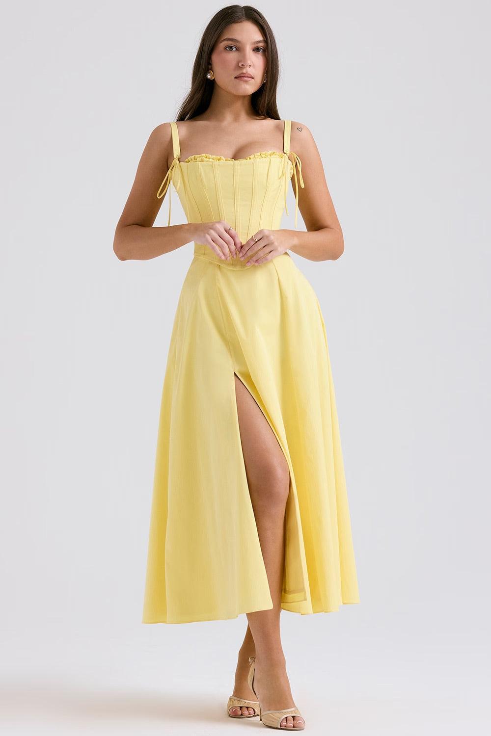 Vestido Midi Soleil em algodão pima amarelo com corset removível e saia fluída, ideal para eventos sofisticados. Majestique.2