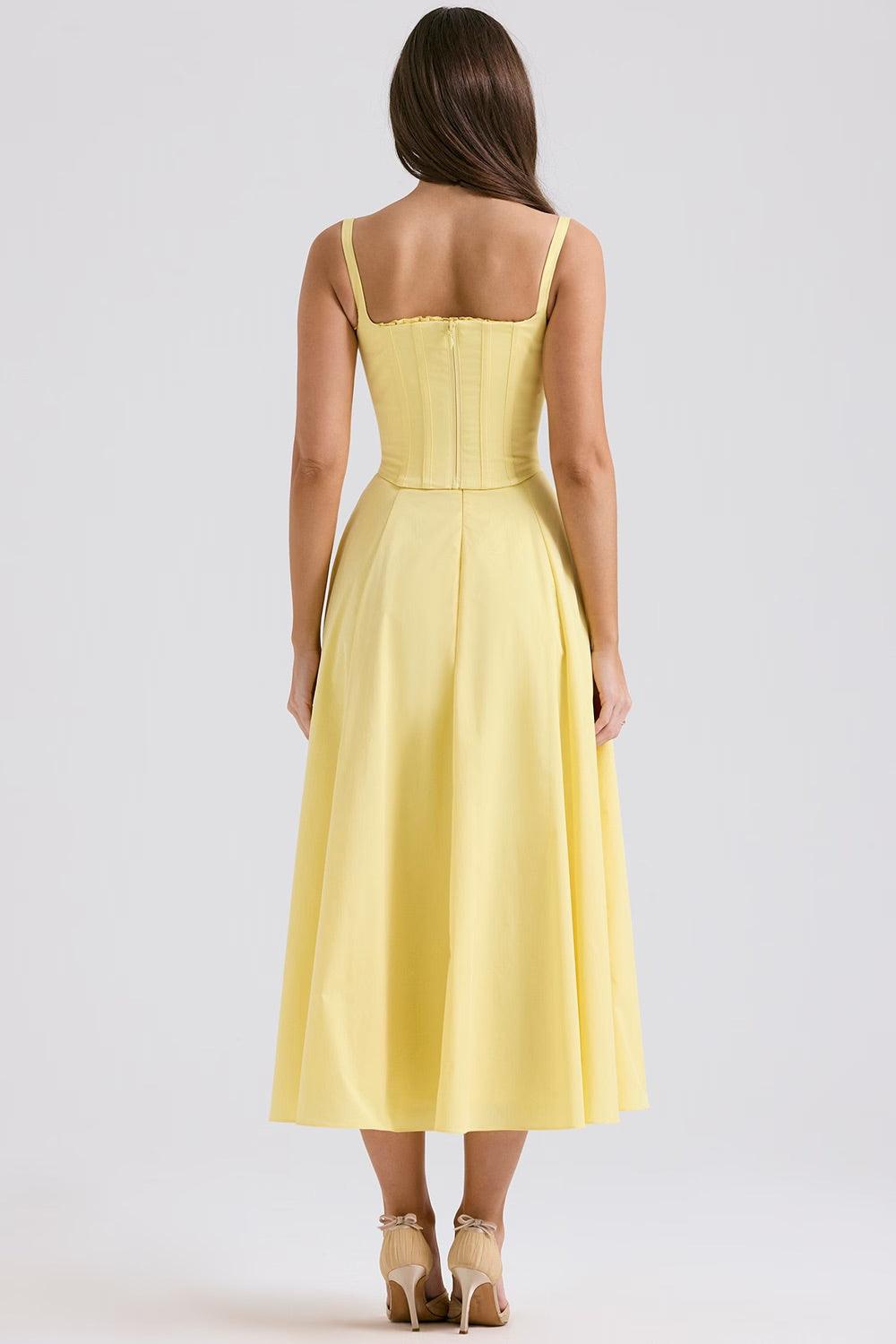 Vestido Midi Soleil em algodão pima amarelo com corset removível e saia fluída, ideal para eventos sofisticados. Majestique.4