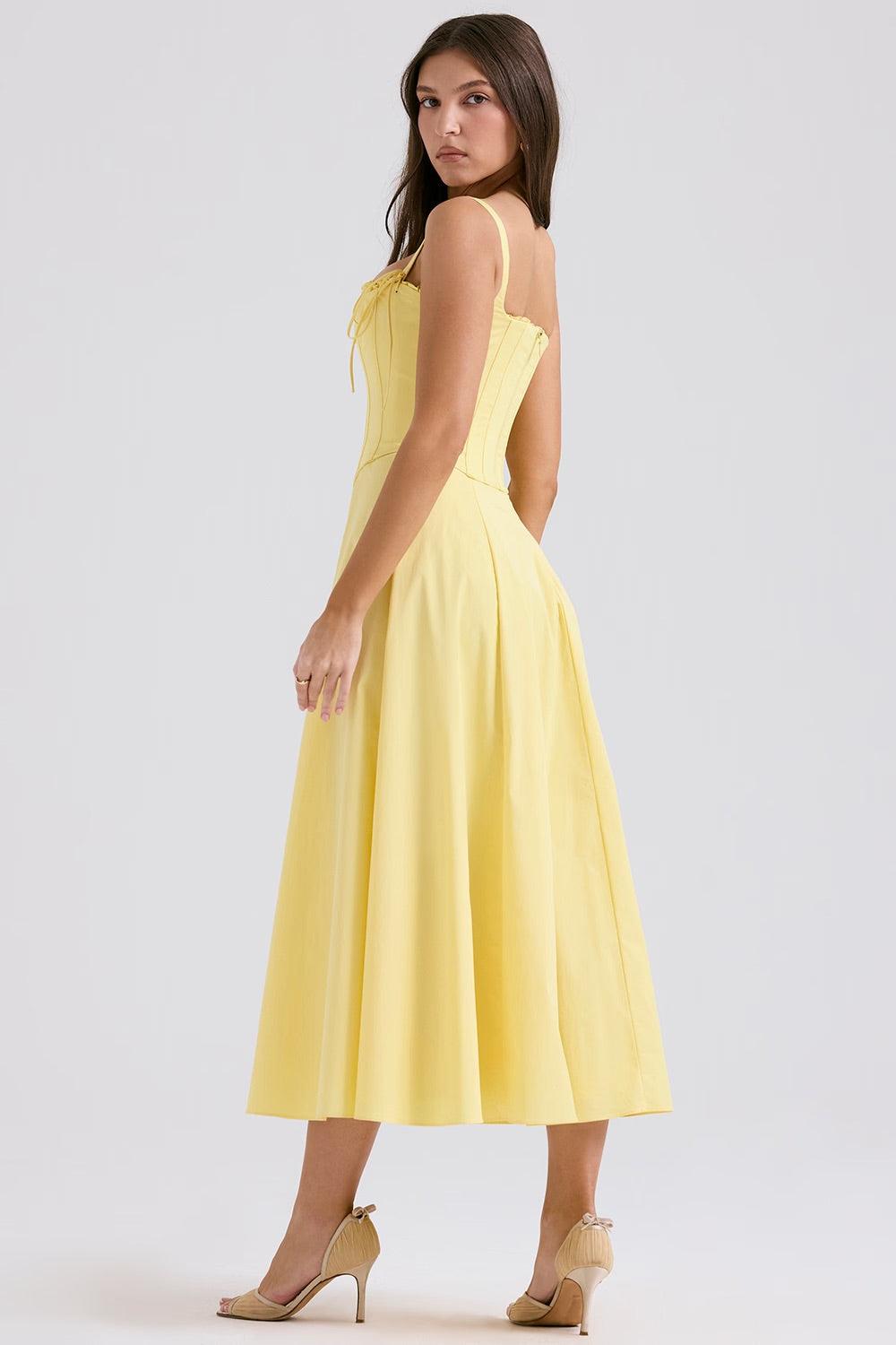 Vestido Midi Soleil em algodão pima amarelo com corset removível e saia fluída, ideal para eventos sofisticados. Majestique.5