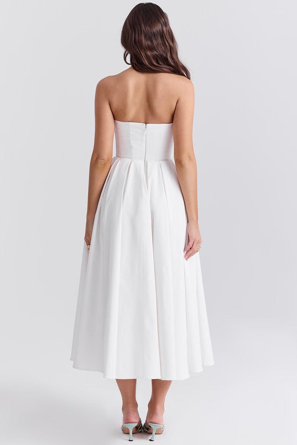 Vestido Midi Calista branco com corset estruturado e saia plissada volumosa, ideal para eventos sofisticados. Majestique.3