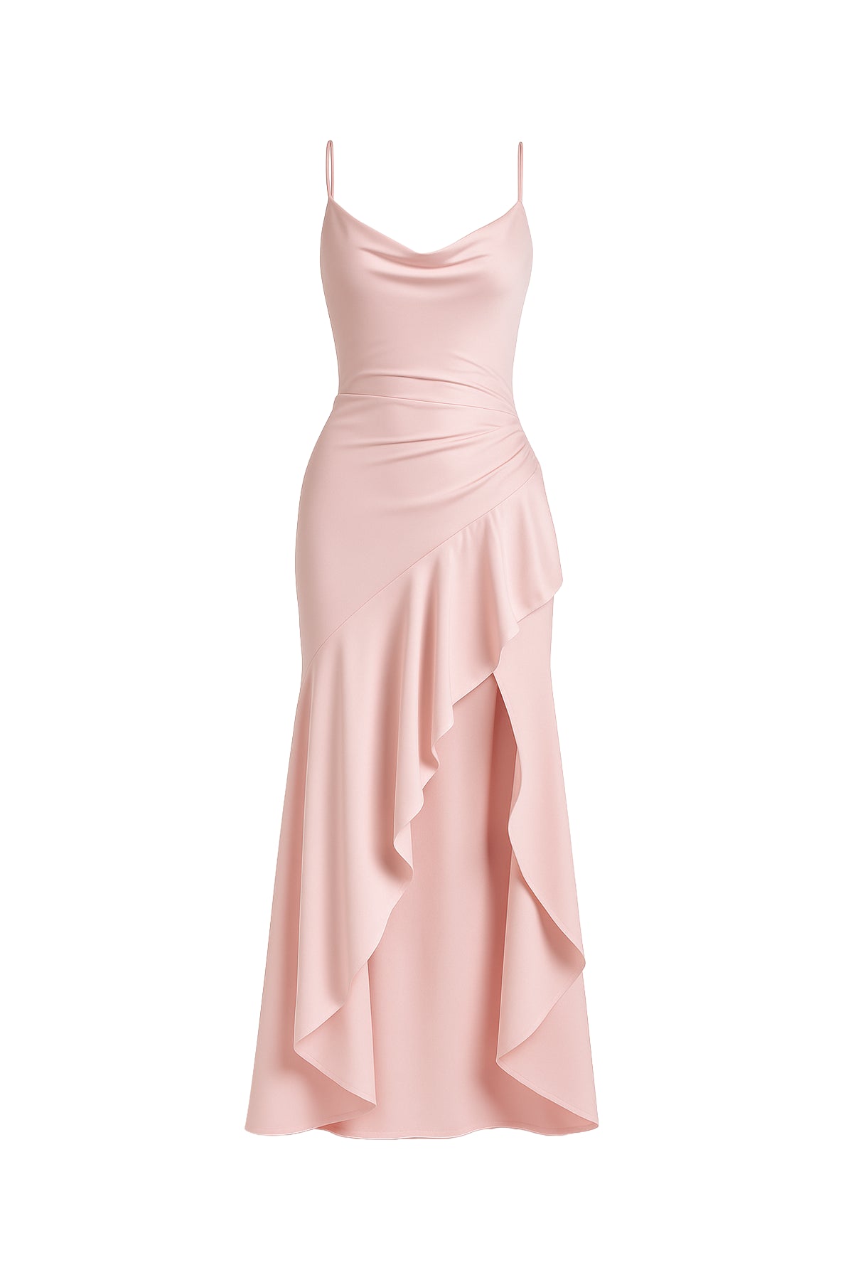 Vestido Longo rosa Vivienne em cetim com decote torcido, fenda frontal e saia mullet com babado Majestique