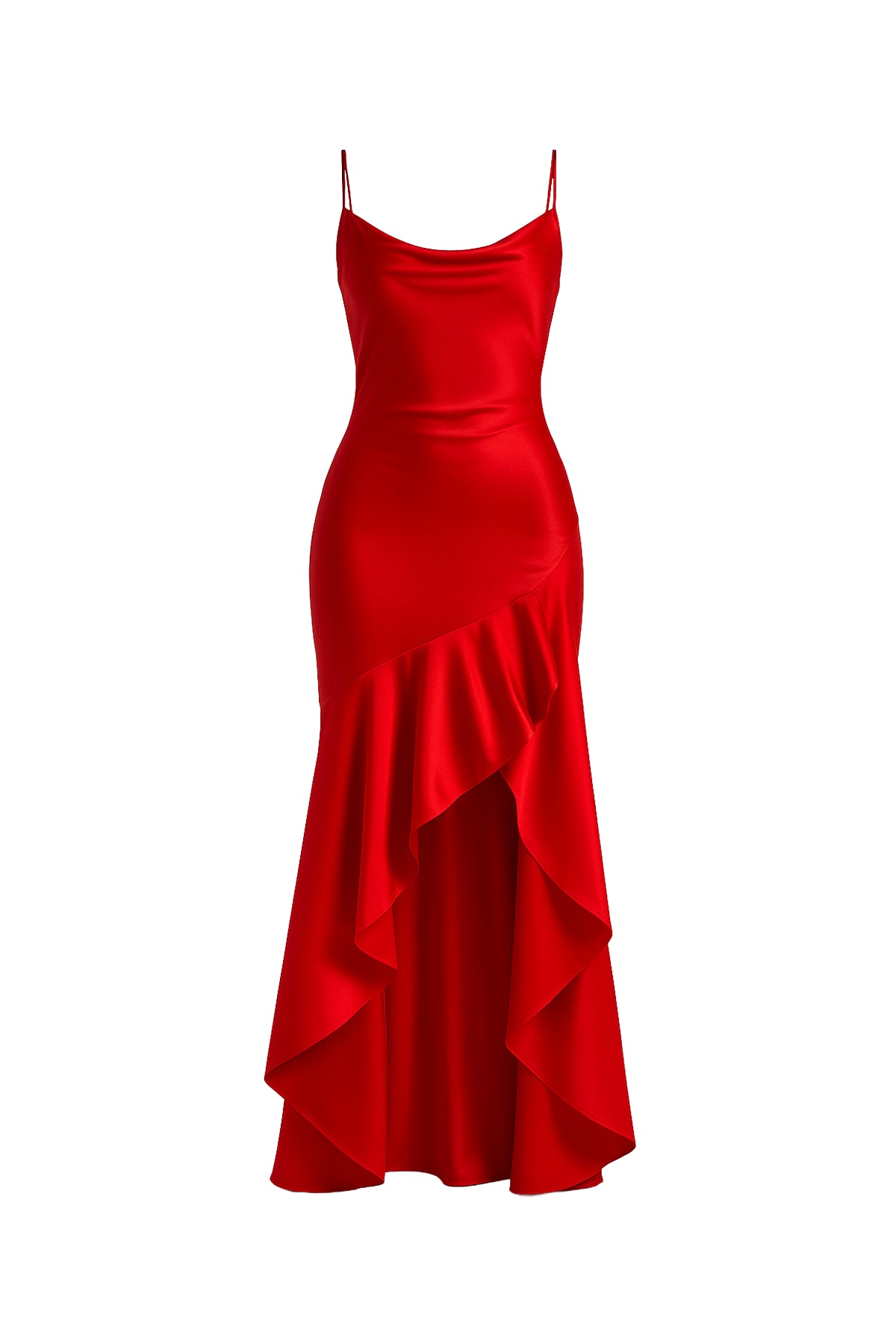 Vestido Longo vermelho Vivienne em cetim com decote torcido, fenda frontal e saia mullet com babado Majestique